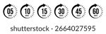 Countdown timer icons for 5, 10, 15, 30, 45, and 60 seconds in circular arrow design, representing stopwatch, quick timing, scheduling, deadline, and duration tracking.