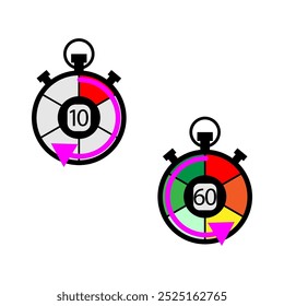Iconos del temporizador de cuenta atrás. Gráficos coloridos del cronómetro. Indicadores de tiempo de Vector. Formas circulares en negrita.