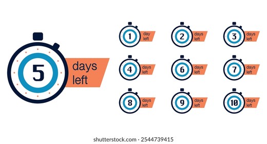 Countdown timer icons with labels showing days left from 1 to 10. Visual reminders for deadlines and time-sensitive events.