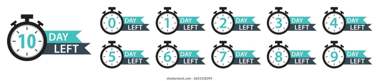 Ícones do temporizador de contagem regressiva definidos. 0 a 10 dias restantes etiquetas de cronômetro para venda, oferta, promoção, tempo limitado, eventos, mercado digital e lembrete de prazo. Faixa de dias de contagem regressiva. Ilustração vetorial.