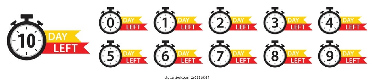 Ícones do temporizador de contagem regressiva definidos. 0 a 10 dias restantes etiquetas de cronômetro para venda, oferta, promoção, tempo limitado, eventos, mercado digital e lembrete de prazo. Faixa de dias de contagem regressiva. Ilustração vetorial.