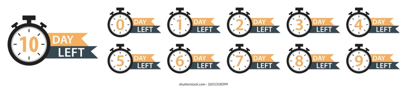 Ícones do temporizador de contagem regressiva definidos. 0 a 10 dias restantes etiquetas de cronômetro para venda, oferta, promoção, tempo limitado, eventos, mercado digital e lembrete de prazo. Faixa de dias de contagem regressiva. Ilustração vetorial.