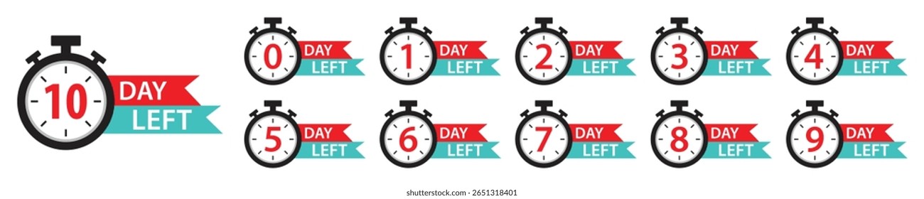 Ícones do temporizador de contagem regressiva definidos. 0 a 10 dias restantes etiquetas de cronômetro para venda, oferta, promoção, tempo limitado, eventos, mercado digital e lembrete de prazo. Faixa de dias de contagem regressiva. Ilustração vetorial.