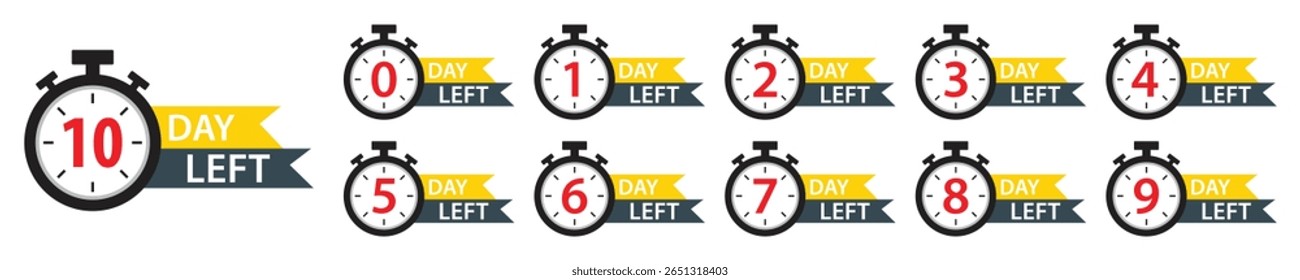 Ícones do temporizador de contagem regressiva definidos. 0 a 10 dias restantes etiquetas de cronômetro para venda, oferta, promoção, tempo limitado, eventos, mercado digital e lembrete de prazo. Faixa de dias de contagem regressiva. Ilustração vetorial.