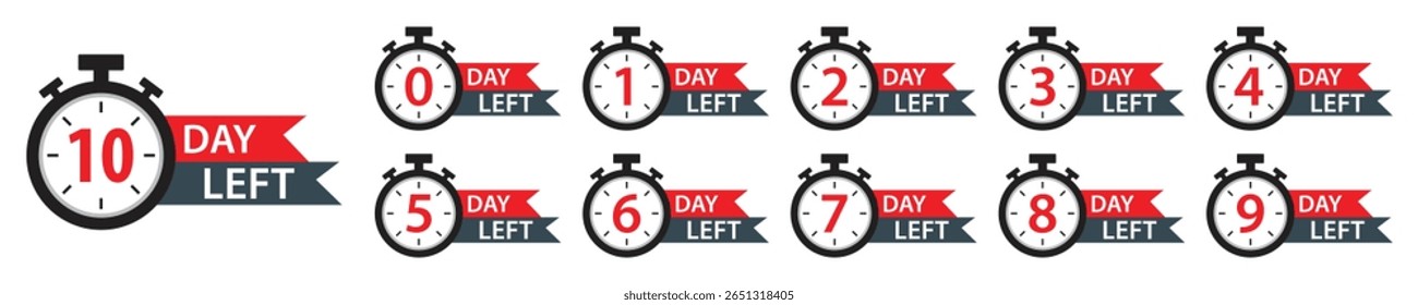Countdown timer icons set. 0 to 10 days left stopwatch labels for sale, offer, promotion, limited time, events, digital market and deadline reminder. Countdown days left banner. Vector illustration.