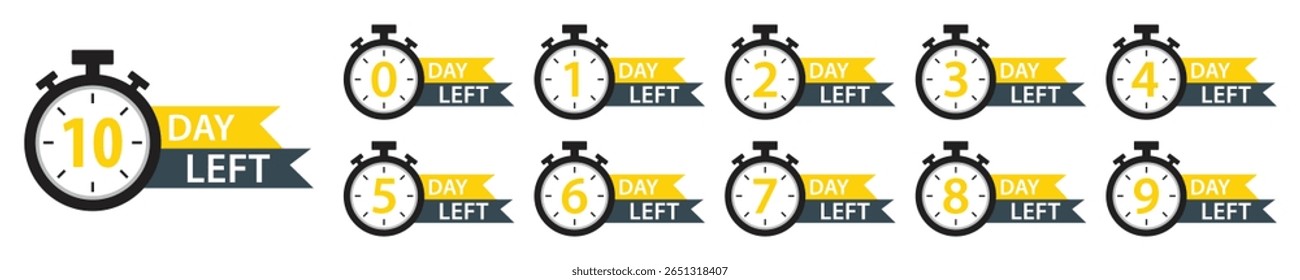 Countdown timer icons set. 0 to 10 days left stopwatch labels for sale, offer, promotion, limited time, events, digital market and deadline reminder. Countdown days left banner. Vector illustration.