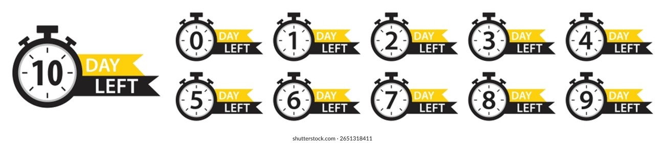 Ícones do temporizador de contagem regressiva definidos. 0 a 10 dias restantes etiquetas de cronômetro para venda, oferta, promoção, tempo limitado, eventos, mercado digital e lembrete de prazo. Faixa de dias de contagem regressiva. Ilustração vetorial.