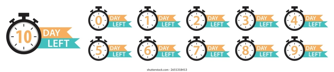 Ícones do temporizador de contagem regressiva definidos. 0 a 10 dias restantes etiquetas de cronômetro para venda, oferta, promoção, tempo limitado, eventos, mercado digital e lembrete de prazo. Faixa de dias de contagem regressiva. Ilustração vetorial.