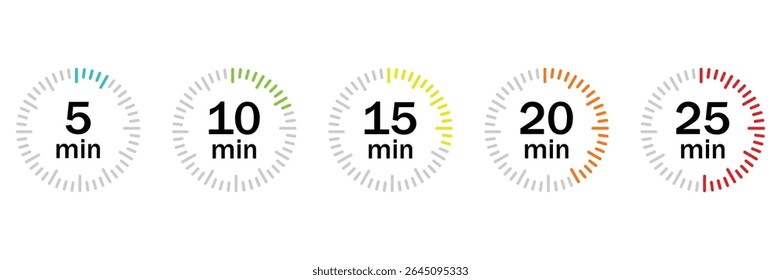 Countdown Timer Icons Set – 5, 10, 15 Minute Stopwatch and Clock Symbols for Cooking and Time Tracking