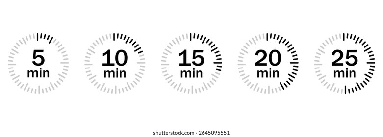 Countdown Timer Icons Set – 5, 10, 15 Minute Stopwatch and Clock Symbols for Cooking and Time Tracking