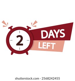 Countdown timer illustration. Bold 2 days left. Red and white text. Event announcement vector.