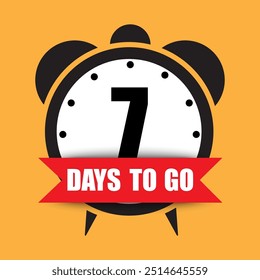 Countdown timer illustration. Number seven focus. Bold 7 days to go text. Bright yellow background.