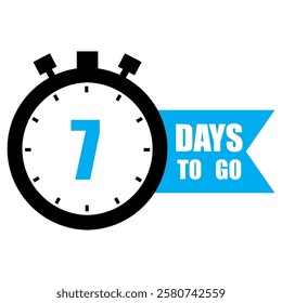 Countdown timer illustration. Number seven focus. Bold 7 DAYS TO GO text. Blue banner accent.