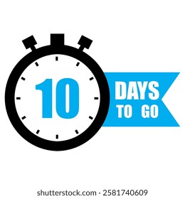 Countdown timer illustration. Number ten focus. Bold 10 days to go text. Bright blue background.