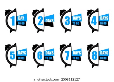 Countdown timer illustration set. Numbers one to eight focus. Bold days to go text. Blue and black accents on a white background.