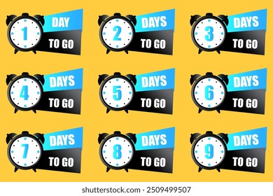 Countdown timer illustration set. Numbers one to nine focus. Bold days to go text. Yellow background with blue and black accents.