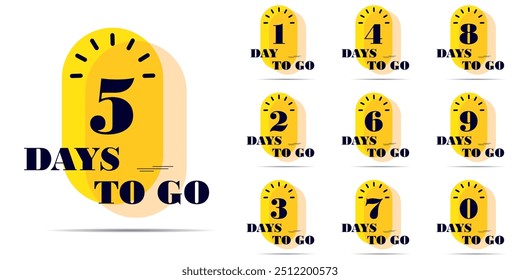 Countdown timer lable, Number days to go badges for event banner, count time sale. Nine, eight, seven, six, five, four, three, two, one, zero days go. Vector icon with yellow color