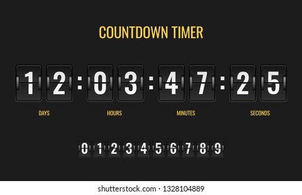 Countdown timer. Meter scoreboard digital watch mechanics counter information down number counting clock day, flat vector template