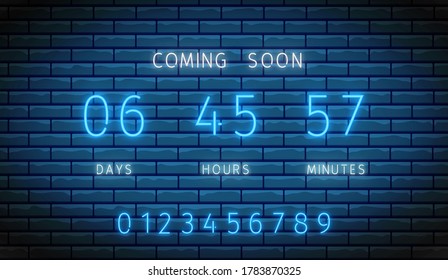 Countdown timer. Neon clock counter. Vector. Illuminated digital count down. Coming soon board. Glowing days, hours and minutes on brick wall. Shiny scoreboard on display. Led design illustration
