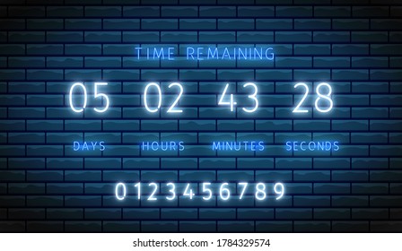 Countdown timer. Neon clock counter. Vector. Illuminated digital count down. Time remaining board. Shiny days, hours, minutes and seconds on display. Glowing scoreboard on brick wall. Led illustration