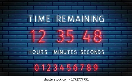 Countdown timer. Neon clock counter. Vector. Time remainig board. Illuminated digital count down. Glowing hours, minutes and seconds on brick wall. Shiny scoreboard on display. Led design illustration