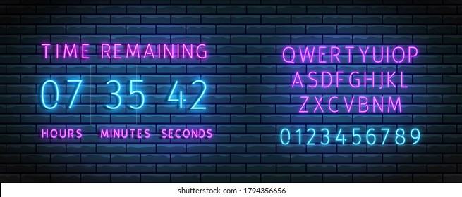 Countdown timer. Neon clock counter wiht font. Vector. Time remainig board. Illuminated digital count down. Glowing hours, minutes and seconds on brick wall. Scoreboard on display. Led illustration.