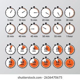 Countdown timer with orange filling. Timer, chronometer icons on white background. Stopwatches deadline symbols. Circle clocks collection with different minutes. Vector illustration.