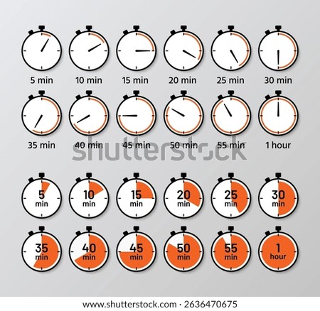 Countdown timer with orange filling. Timer, chronometer icons on white background. Stopwatches deadline symbols. Circle clocks collection with different minutes. Vector illustration.