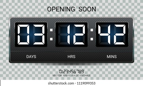 Countdown timer remaining or Clock counter scoreboard with days, hours and minutes display for web page coming soon or under construction  (EPS10 vector fully editable, resizable and color change)