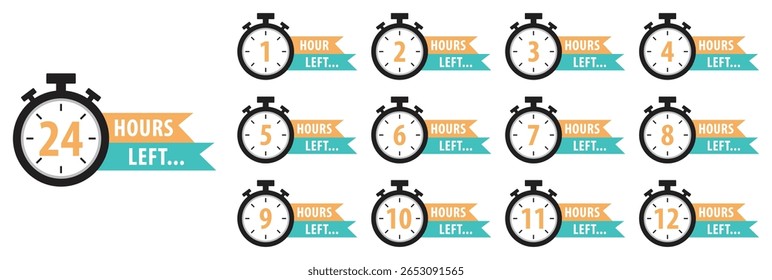Countdown timer set from 1 to 24 hours. Color hours icon. Countdown hours left from 1 to 24 hours badge set for social media post, promotion, promo offer. Flat design. Isolated vector illustration.