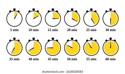 Countdown timer set. Chronometer deadline indicators. Stopwatches symbols in circle shape. Round clocks with different minutes. Vector illustration. Cooking timer icons. in flat design.