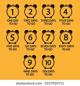 Countdown timer set. Numbers one to ten. Days to go text. Vector illustration.