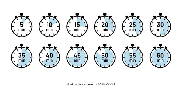 Countdown timer set. Timer symbols isolated. Round clocks with different minutes. Chronometer deadline, stopwatches icons in circle shape. Vector illustration. Cooking indicators in flat design.