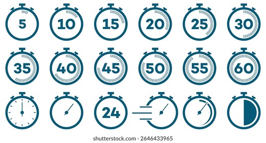 Countdown Timer and Stopwatch Icon Set – Vector Clock Symbols for Time Tracking and Cooking Labels