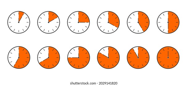 Countdown timer or stopwatch icons set. Clocks with different orange minute time intervals isolated on white background. Infographic for cooking or sport game. Vector flat illustration.