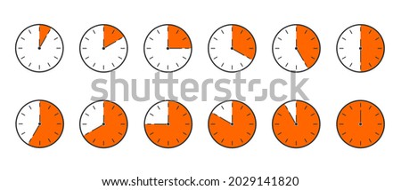 Countdown timer or stopwatch icons set. Clocks with different orange minute time intervals isolated on white background. Infographic for cooking or sport game. Vector flat illustration.