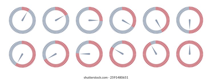 Countdown timer, stopwatch vector icons set. Full rotation arrow timer. 5 minute to 1 hours stopwatches. Chronometer for speed. Collection of timers isolated on white background. Vector illustration.