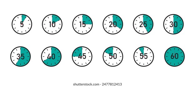 Countdown Timer Symbol Set, Stoppuhr-Symbole mit anderer Zeit eingestellt. Timer, Uhr, Label Kochzeit.. Sport, Kochen, Test, Prüfung, Wettkampf, Messung Stoppuhr Vektorillustration.