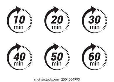 Countdown timer symbol, vector, icon set. 10, 20, 30, 40, 50, 60 Minute timer icons set. Minute timer icons set. Timer, clock, stopwatch set, vector, silhouette icons. Vector illustration.