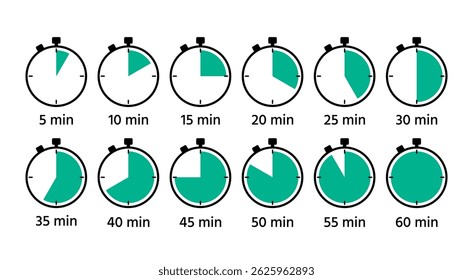 Countdown timer symbols. Cooking indicators in flat design. Timer icons set of clocks with different minutes. Stopwatches in circle shape. Chronometer deadline. Vector illustration.