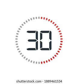 Countdown timer with thirty seconds or minutes in modern style. Isolated on a white background