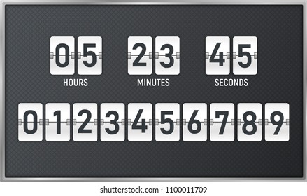 Countdown timer. Time remaining count down flip board with scoreboard of day, hour, minutes and seconds for web page upcoming event template design, under constuction page. Vector illustration