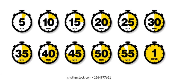 Countdown Timer vector icons set. Set of simple timers. Stopwatch icons set in flat style, digital timer. clock and watch, countdown symbol. Full rotation arrow timer. Sport clock