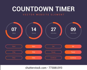 Countdown timer vector website element with buttons. Flat digital clock timer application template. Countdown timer for coming soon or under construction
