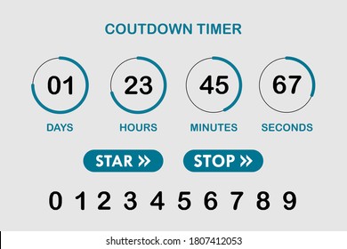 Countdown timer website element with buttons logo template illustration. Flat digital clock timer application template for coming soon or under construction