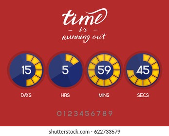 Countdown Timer for the website. Round section. Days, hours, minutes, seconds. Dark blue background. Stock inscription time is running out, lettering