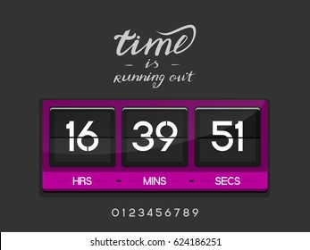 Countdown Timer for the website. Square section. Hours, minutes, seconds. dark gray background. Stock inscription time is running out, lettering