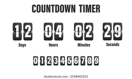 Countdown timer.Mechanical scoreboard flip countdown.Flip clock showing how much time: hours, minutes and seconds.Mechanical analog flip clock with number indicator, retro automatic date hour minutes 