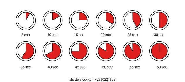 Countdown timers collection. Different time on watch. 5, 10, 15, 20 seconds icons, quarter, half and whole minute symbol. Stopwatch concept. Counter for cooking or sport activity vector illustration