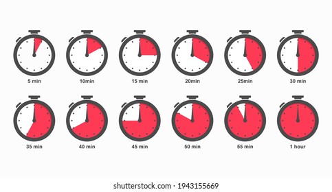 Countdown timers. Set of stopwatches with time intervals of five minutes Vector illustration 